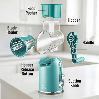 Zulay Kitchen Rotary Cheese Grater 5 Blade Cheese Shredder - Manual Hand Crank Cheese Grater With Reinforced Suction & 5 Interchangeable Drums - Easy to Use, Vegetable Chopper Round Mandoline Slicer - Image 9
