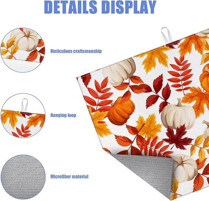 Fall Pumpkin Maple Dish Drying Mat for Kitchen Counter Thanksgiving Drying Pad Absorbent Reversible Dish Drainer Rack Mats Draining Pad 18"x24"Inch