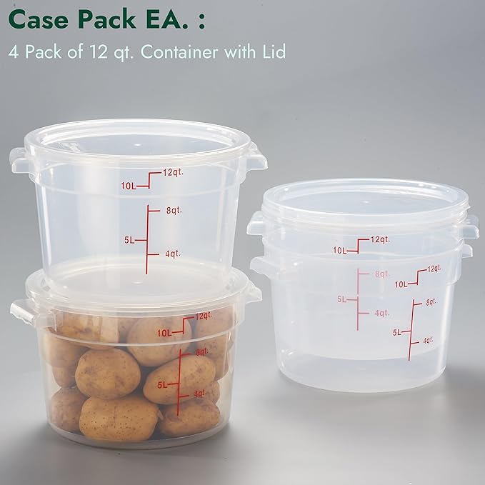 CURTA 12 Quart Translucent Round Food Storage Container with Lid, Pack of 4 – NSF Listed, BPA-Free, Commercial-Grade Polypropylene, Freezer & Dishwasher Safe, Non-Stick, Easy-Read Graduations