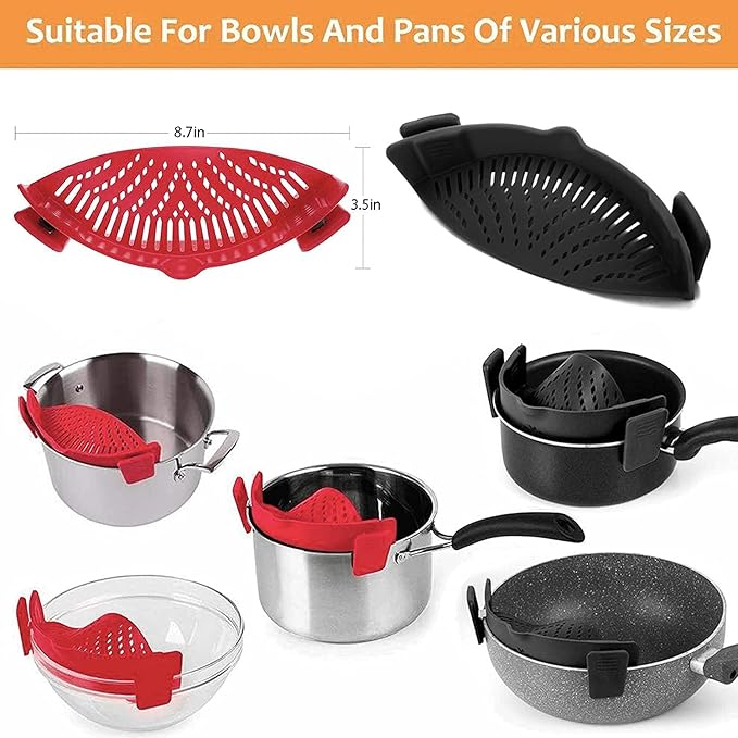 2 Pcs Clip on Strainers, Pot Strainer for Pasta Meat Vegetables Fruit, Silicone Strainer - Fit All Pots and Bowls - Image 2