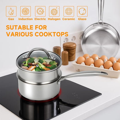 Ohtomber Tri-Ply Stainless Steel Pot - 2.5 Qt Steamer for Cooking, Saucepan with Lid, Medium Kitchen Induction Cooking Pot with Vegetable Food Steamer Basket, Non Stick Sauce Pan with Stay-Cool Handle - Image 4