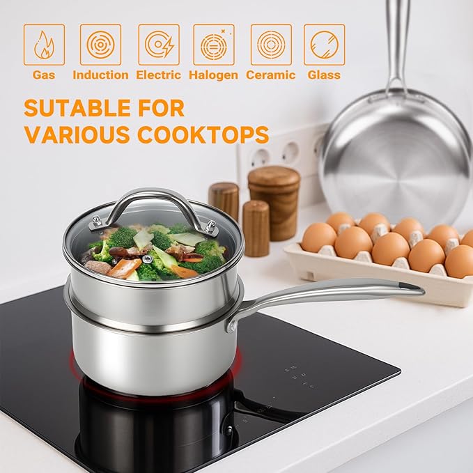 Ohtomber Tri-Ply Steamer for Cooking - Stainless Steel 3 Qt Saucepan with Lid, Medium Kitchen Induction Cooking Pot with Vegetable Food Steamer Basket, Non Stick Sauce Pan with Stay-Cool Handle - Image 4