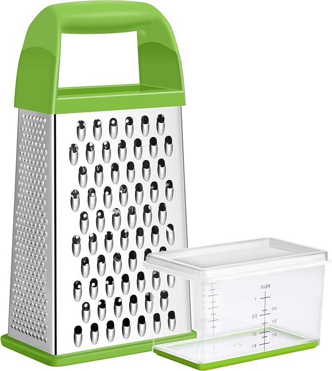 Urbanstrive Cheese Grater With Container, Professional Cheese Grater with Handle, Stainless Steel Graters for Kitchen Handheld, Box Grater with 4 Sides for Vegetables, Ginger, Potatoes (Green) by Urbanstrive
