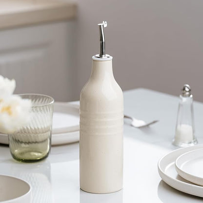 famiware Jupiter 16oz Ceramic Olive Oil Dispenser Bottle, 1 Piece Oil Dispenser for Kitchen with Stainless Steel Pourers, Suitable for Storage Vinegar, Soy Sauce, Coffee Syrup, Vanilla White