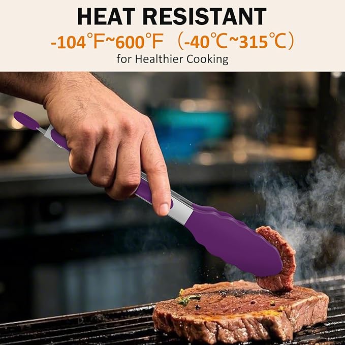 Kitchen Tongs, Stainless Steel Cooking Tongs with Silicone Tips, 600ºF High Heat-Resistant Non Scratch Locking Tongs for Cooking BBQ Grilling Air Fryer Pans, Set of 3 (7" 9" and 12") Purple - Image 5