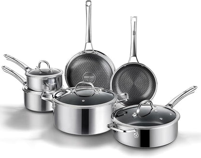 Non Stick Frying Pans Set, Hybrid Pans Set Nonstick (10 pcs), Pan for cooking, PFOA Free Kitchen set, Dishwasher and Oven-Safe Cookware Sets, Stainless Steel Skillets by UltimateCookwareDestination
