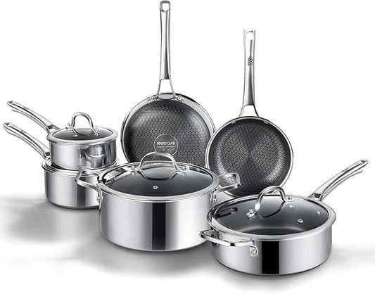 Non Stick Frying Pans Set, Hybrid Pans Set Nonstick (10 pcs), Pan for cooking, PFOA Free Kitchen set, Dishwasher and Oven-Safe Cookware Sets, Stainless Steel Skillets by UltimateCookwareDestination