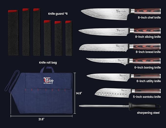 SYOKAMI 14pcs Chef Knife Set with Roll Bag, Professional Stainless Steel Japanese Knife Set with Pakkawood Handle for Professional Chef, Camping, Travel, BBQ, RV or Gift