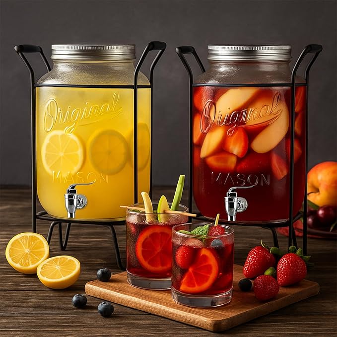 2 PACK-2 GALLON Drink Dispensers for Parties, Drink Dispensers for Parties, Original Mason Beverage Dispensers with Stand, Glass Water Jug Dispenser, 100% Leakproof Spigot