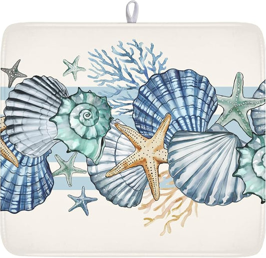 Summer Sea Shell Drying Mat 18x16 Inch, Starfish Drying Mat with Absorbent Reversible Microfiber, Coastal Dish Drainer Mats Holiday Ocean Rack Pad for Coffee Countertop Kitchen Protector