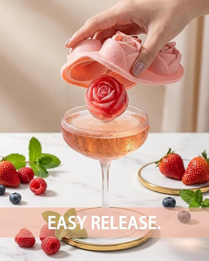 Rose Ice Cube Tray, 4 Cavity 3D Flower Shaped Silicone Ice Mold for Whiskey, Cocktails & Iced Coffee, Novelty Ice Cube Mold for Home Bar & Party Drinks (2Pcs)