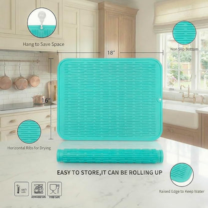 MicoYang Silicone Dish Drying Mat for Multiple Usage,Easy clean,Eco-friendly,Heat-resistant Silicone Mat for Kitchen Counter or Sink,Refrigerator or Drawer Liner Mint XL 18 inches x 16 inches - Image 2