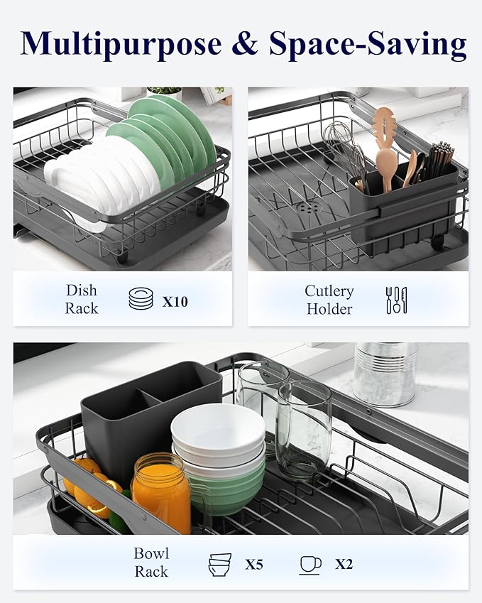Kitsure Dish Drying Rack for Kitchen Counter, Stainless Steel Sink Organization and Storage Essentials with Cutlery Holder, Home and Appartment Decor, 12.2''W x 15.7''~23''L, Grey - Image 3