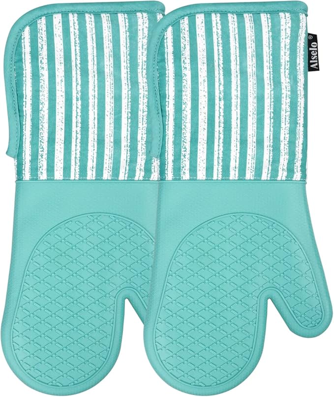 Alselo Silicone Oven Mitts Heat Resistant 932℉ with Waterproof & Non-Slip Kitchen Mittens, Set of 2 Extra Long Oven Gloves with Soft Cotton Terry Lining for Baking Cooking Barbecue - Image 8