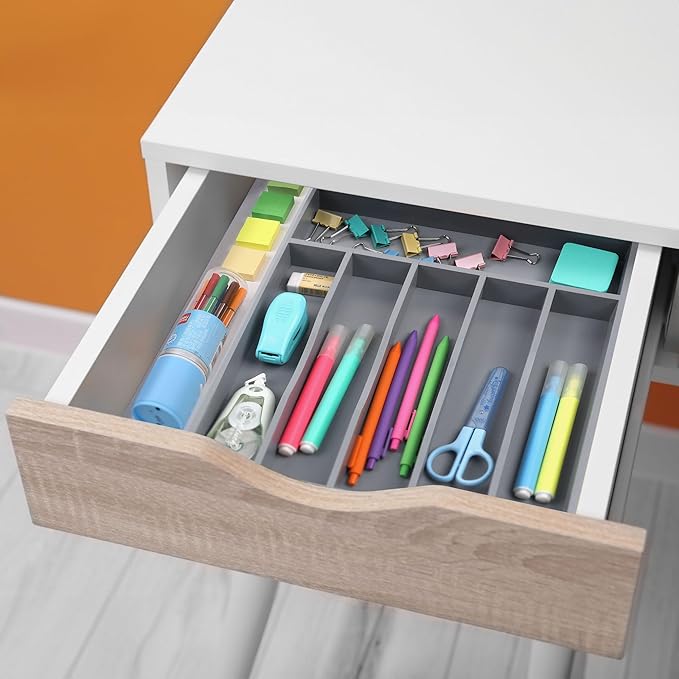 Kitchen Bamboo Silverware Organizer, Kitchen Drawer Organizer - Utensil Holder and Cutlery Tray with Grooved Drawer Dividers for Flatware 7 Slot, Grey - Image 7