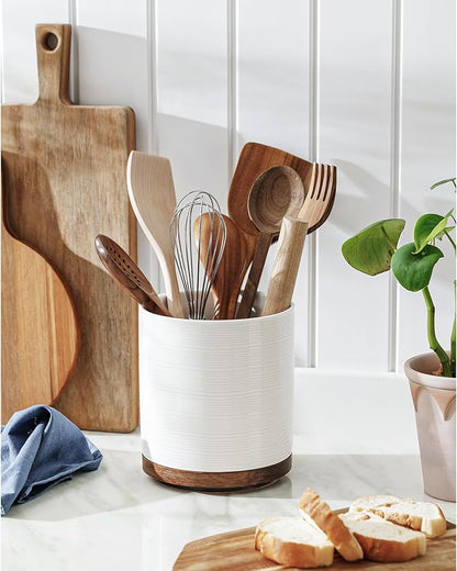 Utensil Holder, 360° Rotating Extra Large Ceramic Kitchen Utensil Holder for Countertop, 7.3“ Cooking Utensil Crocks for Kitchen Counter with Rotatable Wooden Base, Farmhouse Decor, White - Image 2