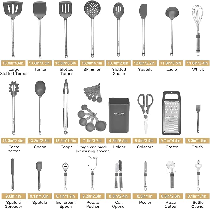 Kitchen Utensil Set-Silicone Cooking Utensils-33 Kitchen Gadgets & Spoons for Nonstick Cookware-Silicone and Stainless Steel Spatula Set-Best Kitchen Tools, Useful Pots (Grey) - Image 2