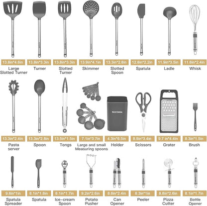 Kitchen Utensil Set-Silicone Cooking Utensils-33 Kitchen Gadgets & Spoons for Nonstick Cookware-Silicone and Stainless Steel Spatula Set-Best Kitchen Tools, Useful Pots (Grey) - Image 2