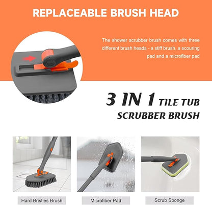 nacena Shower Scrubber with Long Handle, 3 in 1 Tile Tub Scrubber Brush with 3 Detachable Cleaning Heads Adjustable Handle Shower Cleaner Brush for Bathroom, Kitchen, Toilet, Wall, Sink, Grey Orange