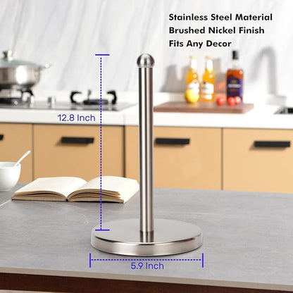 Paper Towel Holder Stand with Sturdy Base Fits Standard and Jumbo Sized Paper Towel, Paper Towel Holder Countertop (Brushed Nickel)