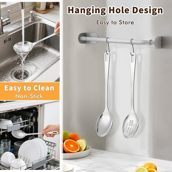 2 Pcs Stainless Steel Cooking Spoons Set, Solid & Slotted Metal Serving Spoons, Heavy Duty Sturdy Large Soup Ladle, High Heat Resistant Kitchen Cooking Utensils for Mixing, Stirring, Easy to Clean - Image 4