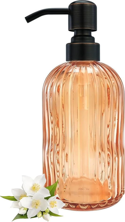 16 OZ Orange Glass Soap Dispenser,Clear Orange Stripe Bathroom Hand Soap Dispensers with Stainless Steel Bronze Pump, Kitchen Hand Soap Dispenser with Oil Rubbed Bronze Pump