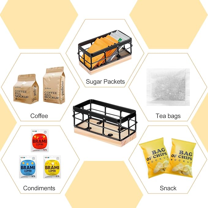 Blulu Sugar Packet Basket Iron Sugar Organizer with Wooden Base Small Caddy Iron Organizer Coffee Creamer Holder Tea Bag Caddy Holder for Coffee Bar Kitchen Home (1 Set)
