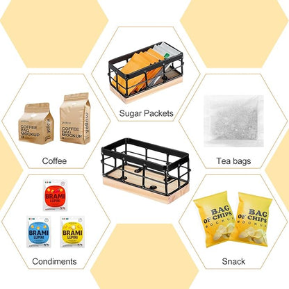 Blulu Sugar Packet Basket Iron Sugar Organizer with Wooden Base Small Caddy Iron Organizer Coffee Creamer Holder Tea Bag Caddy Holder for Coffee Bar Kitchen Home (1 Set)