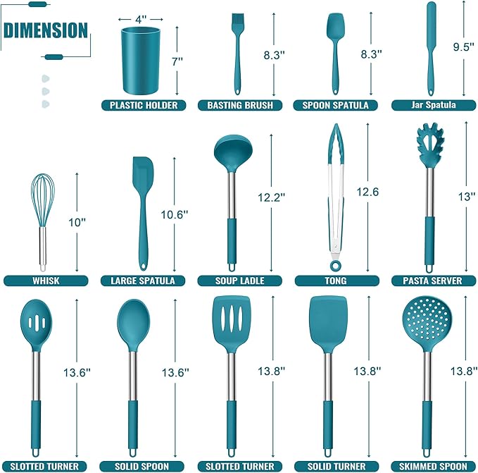 E-far 14 Pieces Silicone Cooking Utensils Set, Kitchen Utensils Set with Holder, Spatula, Ladle, Spoon, Tong, Slotted Turner for Nonstick Cookware, 446°F Heat Resistant & Stainless Steel Handle, Blue - Image 2