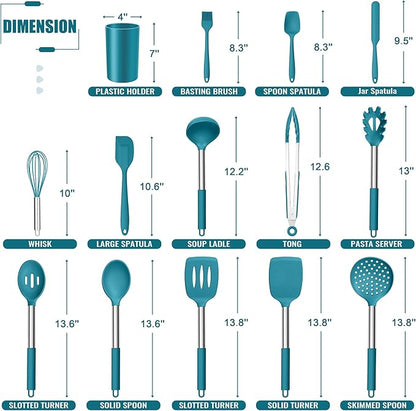 E-far 14 Pieces Silicone Cooking Utensils Set, Kitchen Utensils Set with Holder, Spatula, Ladle, Spoon, Tong, Slotted Turner for Nonstick Cookware, 446°F Heat Resistant & Stainless Steel Handle, Blue - Image 2