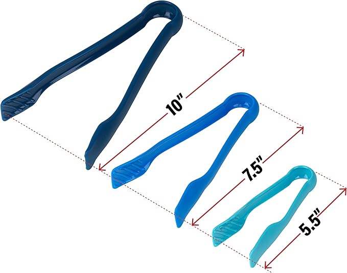 DecorRack 3 Pcs 6” x 8” x 10” Multi Colored Plastic Tong Set, 3 Pack Durable BPA-Free Quality Heavy Duty Designed for BBQ, Grilling, Salad, Buffets and Kitchen (Blue)