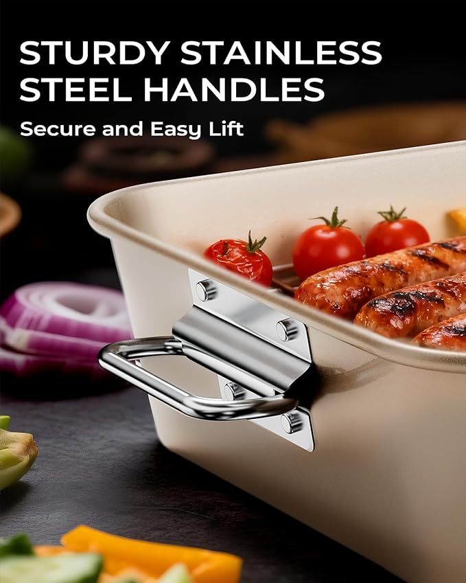 Turkey Roasting Pan with Rack Non stick Carbon Steel Roaster 16x11 Inch, Dishwasher Safe, Deep Baking Broiler Pan for Oven Chicken, Bacon, Golden