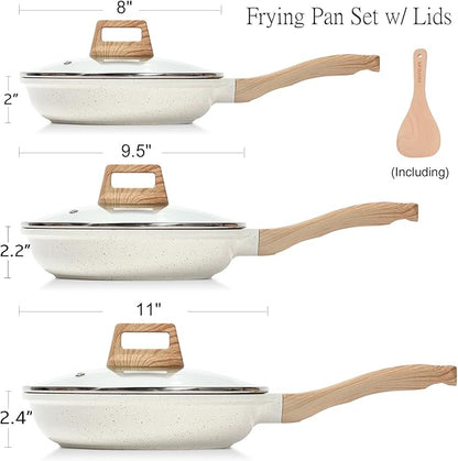 ESLITE LIFE Nonstick Ceramic Frying Pans Skillets Set with Lids, Non-Toxic Egg Omelette Kitchen Cooking Pans Compatible with All Stovetops (Gas, Electric & Induction), PTFE & PFOA Free (White) - Image 2