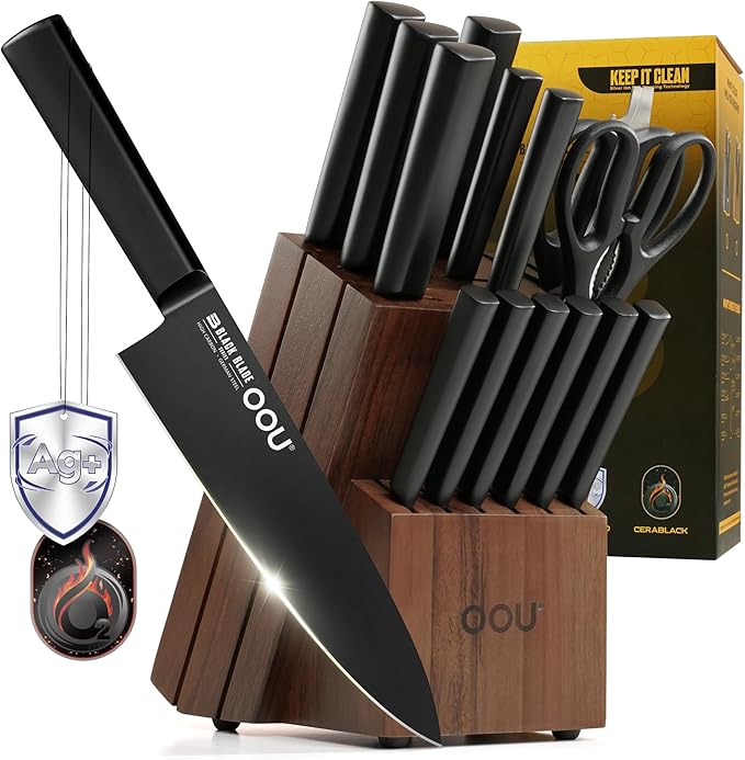 OOU Kitchen Knife Block Set - 15 Pieces High Carbon Stainless Steel Chef Knife Sets, Anti-Rust Black Knives Set with Built-in Sharpener Block, Brown