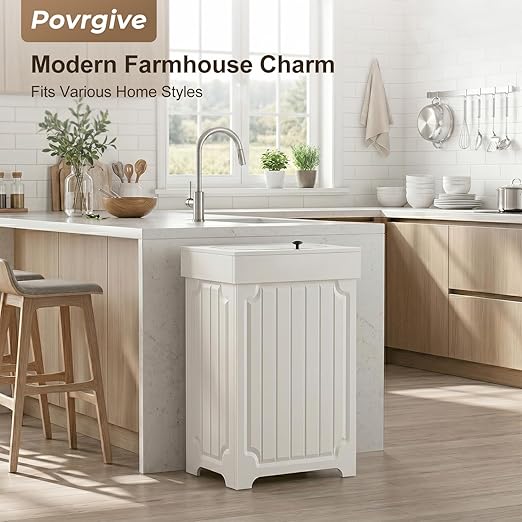 Povrgive Wood Trash Can Cabinet, 13 Gallon Hidden Kitchen Garbage Can with Lid, Farmhouse Dog Proof Trash Can, Metal Ring Included, 16" L x 13" W x 26.5" H, White - Image 6