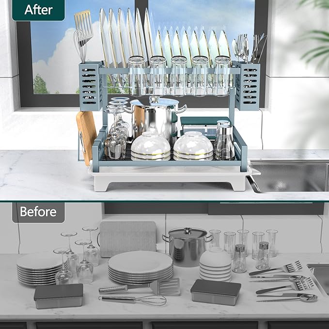 B-Land Dish Drying Rack, 2 Tier Dish Racks for Kitchen Counter, Large Dish Drying Rack with Drainboard & Utensil Holders, Rust-Proof Dish Drainers,Kitchen Organization - Image 4