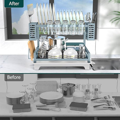 B-Land Dish Drying Rack, 2 Tier Dish Racks for Kitchen Counter, Large Dish Drying Rack with Drainboard & Utensil Holders, Rust-Proof Dish Drainers,Kitchen Organization - Image 4