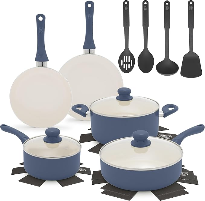 GreenLife 16-Piece Nonstick Cookware Set, Non-Toxic Ceramic Pots and Pans Set, Durable Healthy Kitchen Essentials, Fast Heating, Induction Ready, Easy Clean Dishwasher Safe, PFAS-Free, Slate Blue