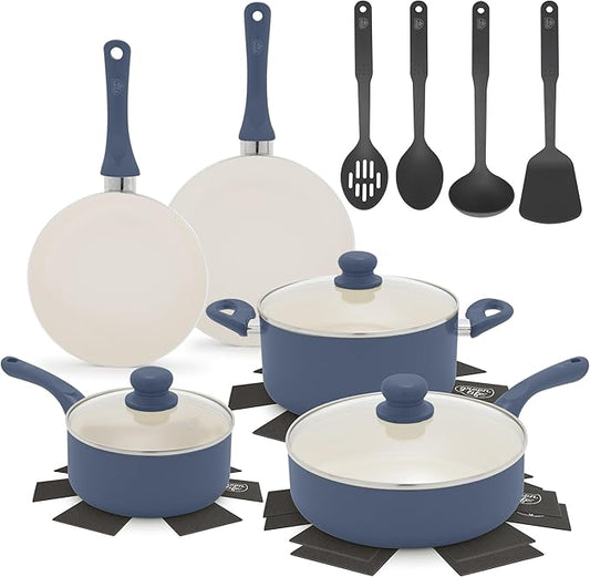 GreenLife 16-Piece Nonstick Cookware Set, Non-Toxic Ceramic Pots and Pans Set, Durable Healthy Kitchen Essentials, Fast Heating, Induction Ready, Easy Clean Dishwasher Safe, PFAS-Free, Slate Blue