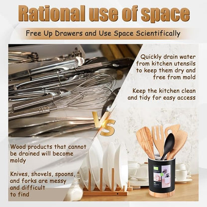 Kitchen Utensil Holder Tableware Storage Bucket, Spoon Chopsticks Fork Drain Rack Utensil Crock for Counter, Household 3-Format Tableware Drainer with Removable Divider and Wooden Base - Image 5