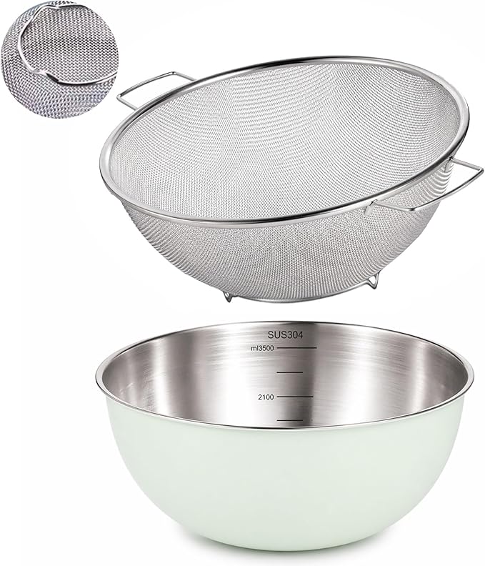 304 Stainless Steel Kitchen Colander Set, 3.5QT Colander with Handle and Bowl, 40 Mesh Fine Strainer, Fast Draining for Rice, Pasta, Fruits & Vegetables, Dishwasher Safe