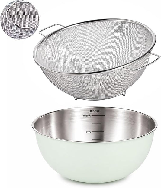 304 Stainless Steel Kitchen Colander Set, 3.5QT Colander with Handle and Bowl, 40 Mesh Fine Strainer, Fast Draining for Rice, Pasta, Fruits & Vegetables, Dishwasher Safe