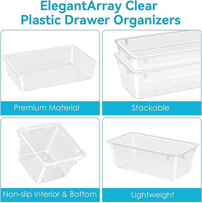 ElegantArray 24 PCS Drawer Organizer Set, 4 Sizes Tool Storage Trays, Clear Plastic Makeup Vanity Organizer and Storage Bins for Makeup, Stationeries, Multiple Gadgets for Bathroom, Office, Bedroom - Image 4