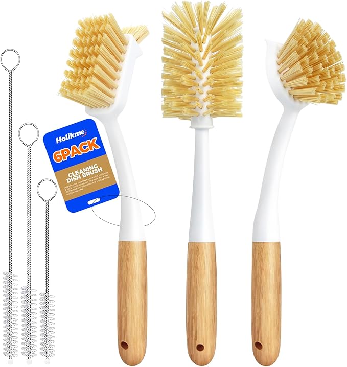 Holikme 6 Pack Dish Brush Set with Bottle Brush, Dish Scrub Brush, Pan Brush and 3 Straw Brushes, Deep Cleaning Handle Brush with Scraper Tip for Kitchen Sink Dishes Bottle Cup Pot and Pans (Yellow) by Holikme