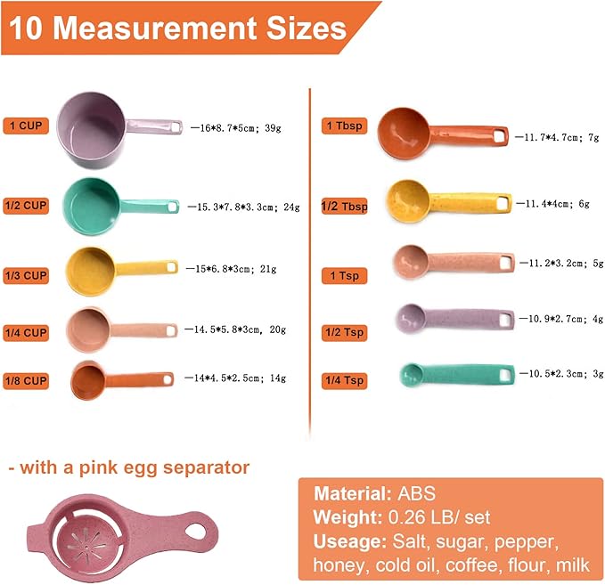 Plastic Measuring Cups and Spoons Set - 10 Pcs Colorful Kitchen Measuring Tool, Engraved Metric/US Markings Stackable Silicone Measure Cup for Liquid & Dry Measuring, Cooking & Baking, Random Color - Image 2