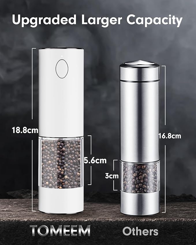 TOMEEM Upgraded Larger Capacity Electric Salt and Pepper Grinder Set Rechargeable with LED lights, Stainless Steel Automatic Pepper and Salt Grinder Refillable with 5 Adjustable Coarseness White - Image 6