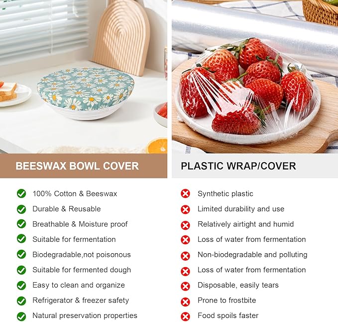 Reusable Bowl Covers for Bread Proofing - Beeswax Bowl Covers Reusable 3 Set, Cotton Blend Stretch Design, Fits 4-13 Inch Bowls, Shower Caps for Sourdough Bread, Dough Proofing & Food Storage(Daisy)
