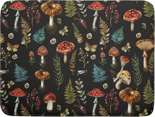 Natural Botanical Dish Drying Mat Mushroom Fern Leaves Berry Drainer Mat Black Drying Pad for Countertop 18 X 24 Inch by Giwawa