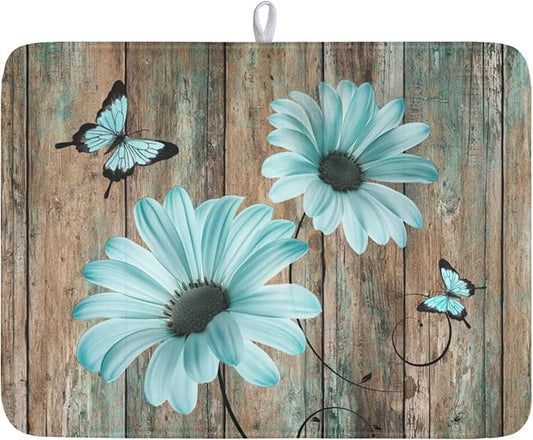 Teal Sunflowers Drying Mat 24x18 Inch, Summer Wooden Board Drying Mat with Absorbent Reversible Microfiber, Rustic Dish Drainer Mats Shabby Chic Floral Rack Pad for Coffee Countertop Kitchen Protector