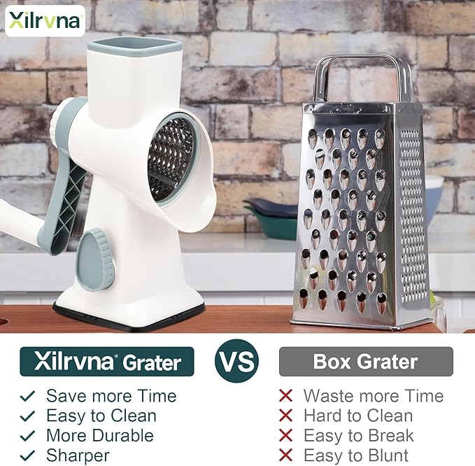 Rotary Cheese Grater with Handle Kitchen Shredder Slicer Grater Slicer Ice Shaver Cheese Vegetable Nuts Potato Zucchini Chocolate 3 Interchangeable Blades (WhiteBlue) - Image 2
